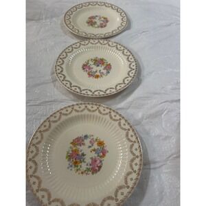 Set of 3 Salem China Plates Floral Design Warranted 22-K Gold